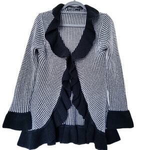 Brittany Black and White Maternity Ruffle Waterfall Cascade Cardigan, Size Large